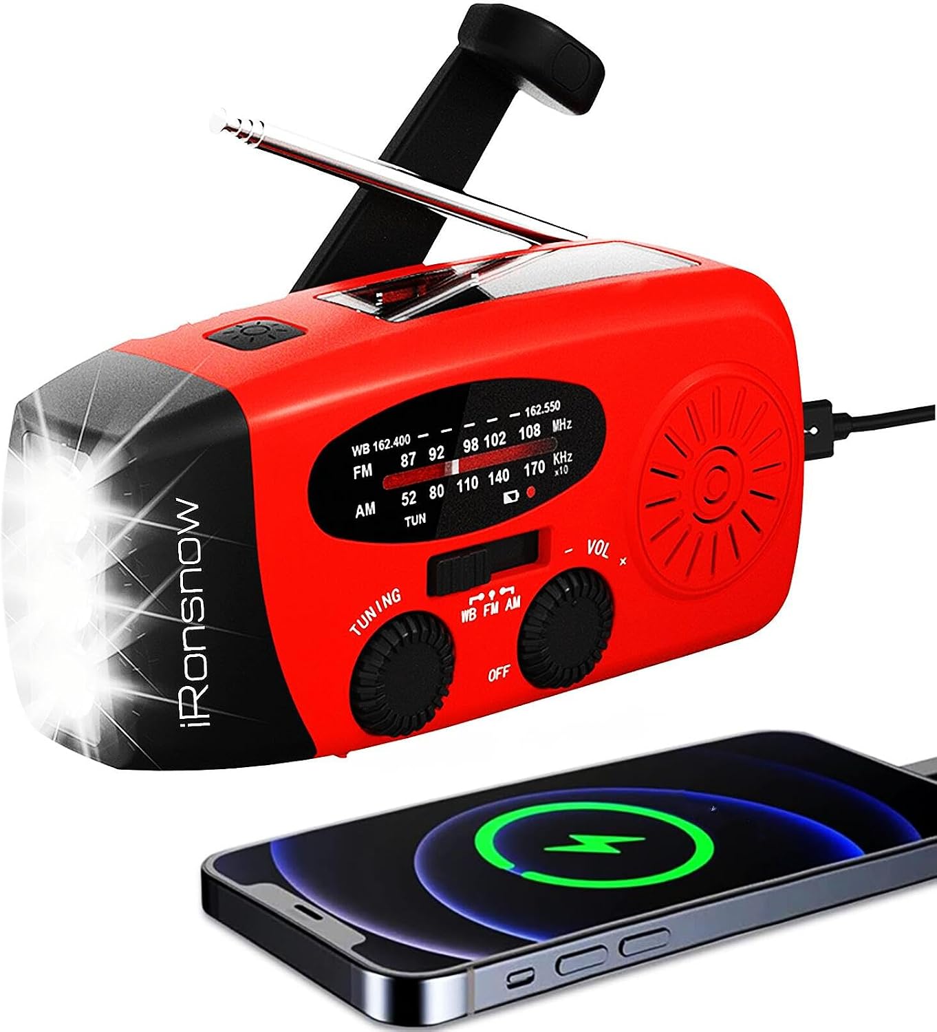 Radio solar con manivela alarma SOS linterna LED USB Rojo