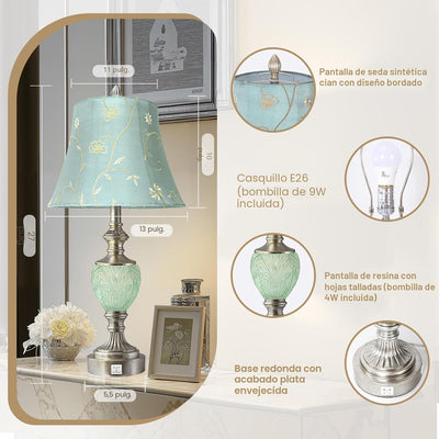 2 Lámparas Mesa Noche Luz Nocturna USB 27pulg Acabado Plata