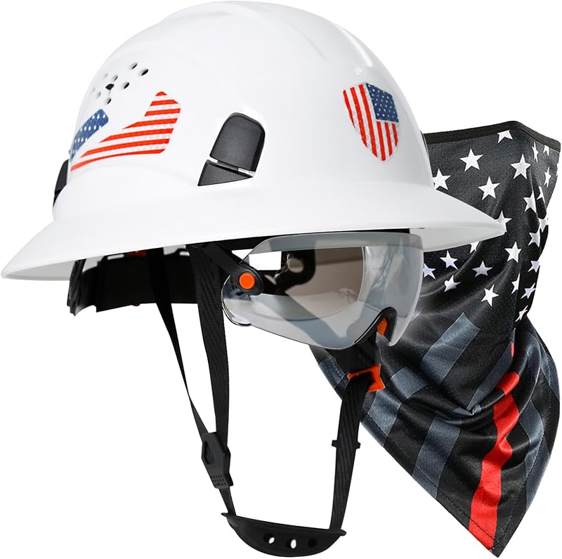 Casco construcción OSHA con visor y cinta para cuello