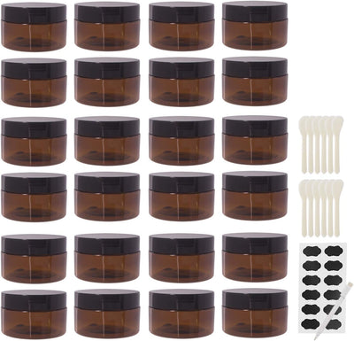 24 Tarros Plástico Ámbar 3.3oz Tapas Negras Espátulas