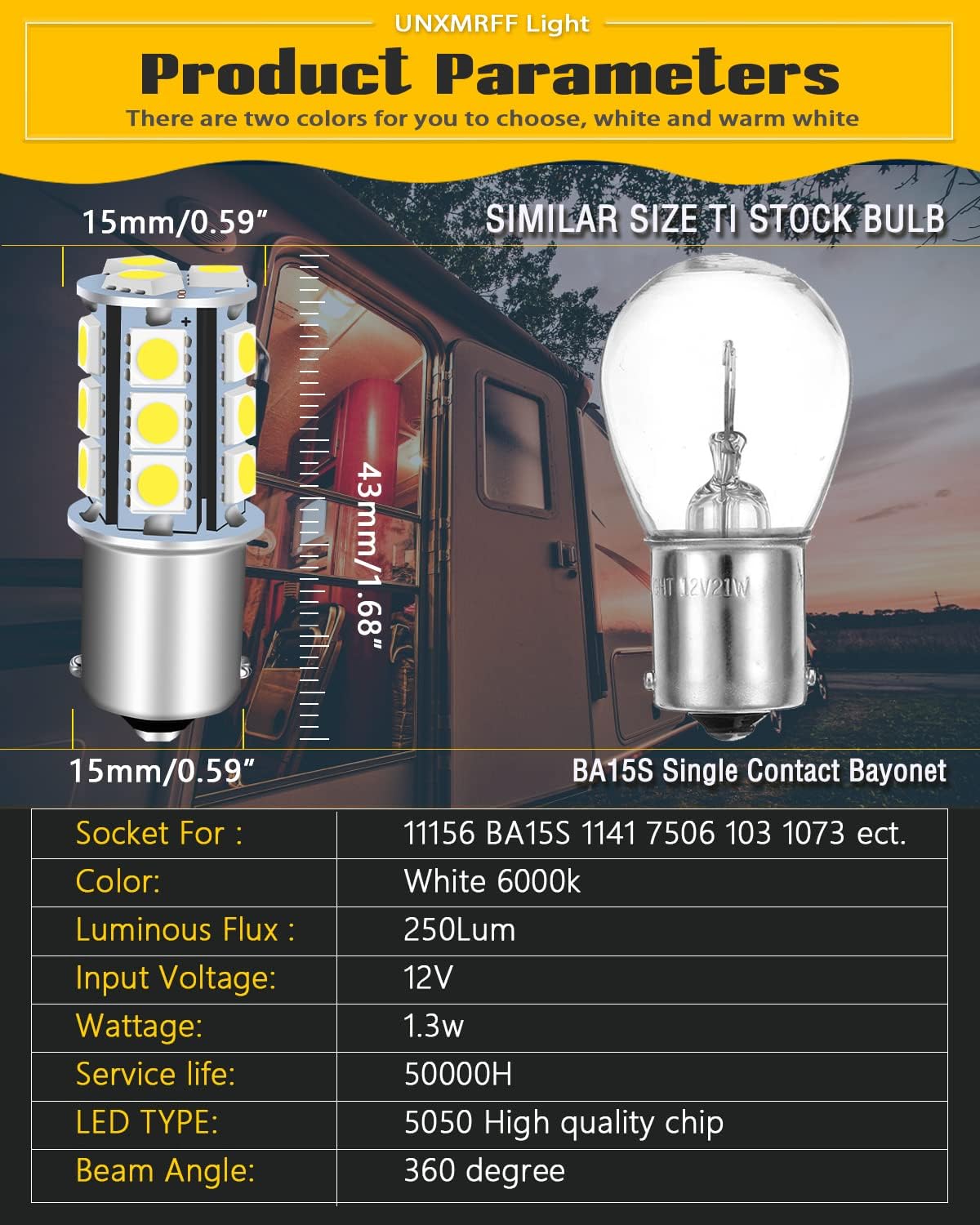 Bombilla LED BA15S 12V para techo RV cámper barco