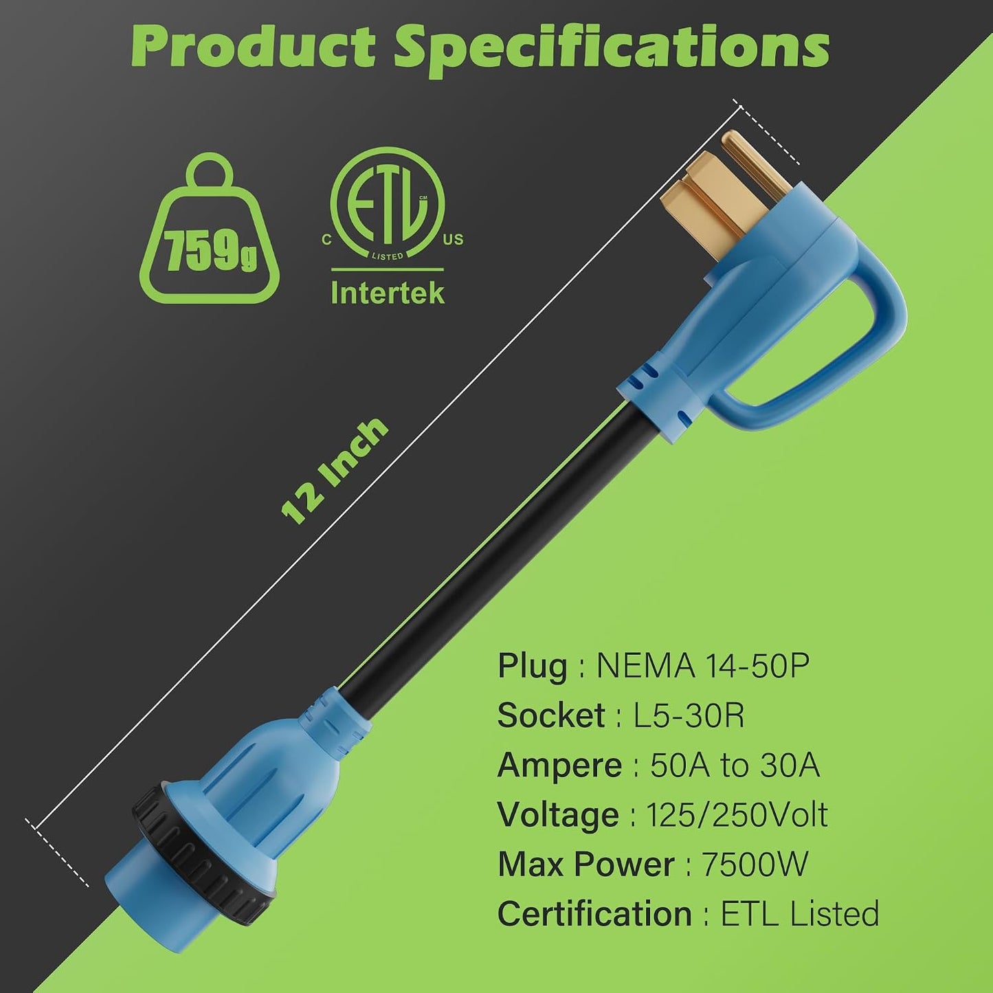 Cable adaptador RV 14-50P a L5-30R 10AWG