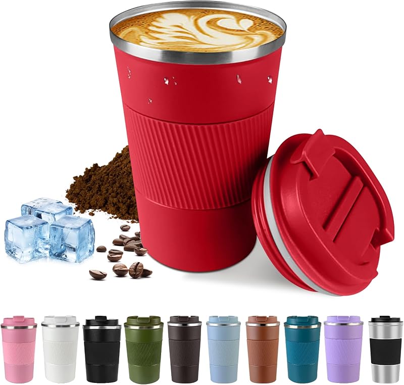 Taza café viaje acero inox aislada 12oz color rojo