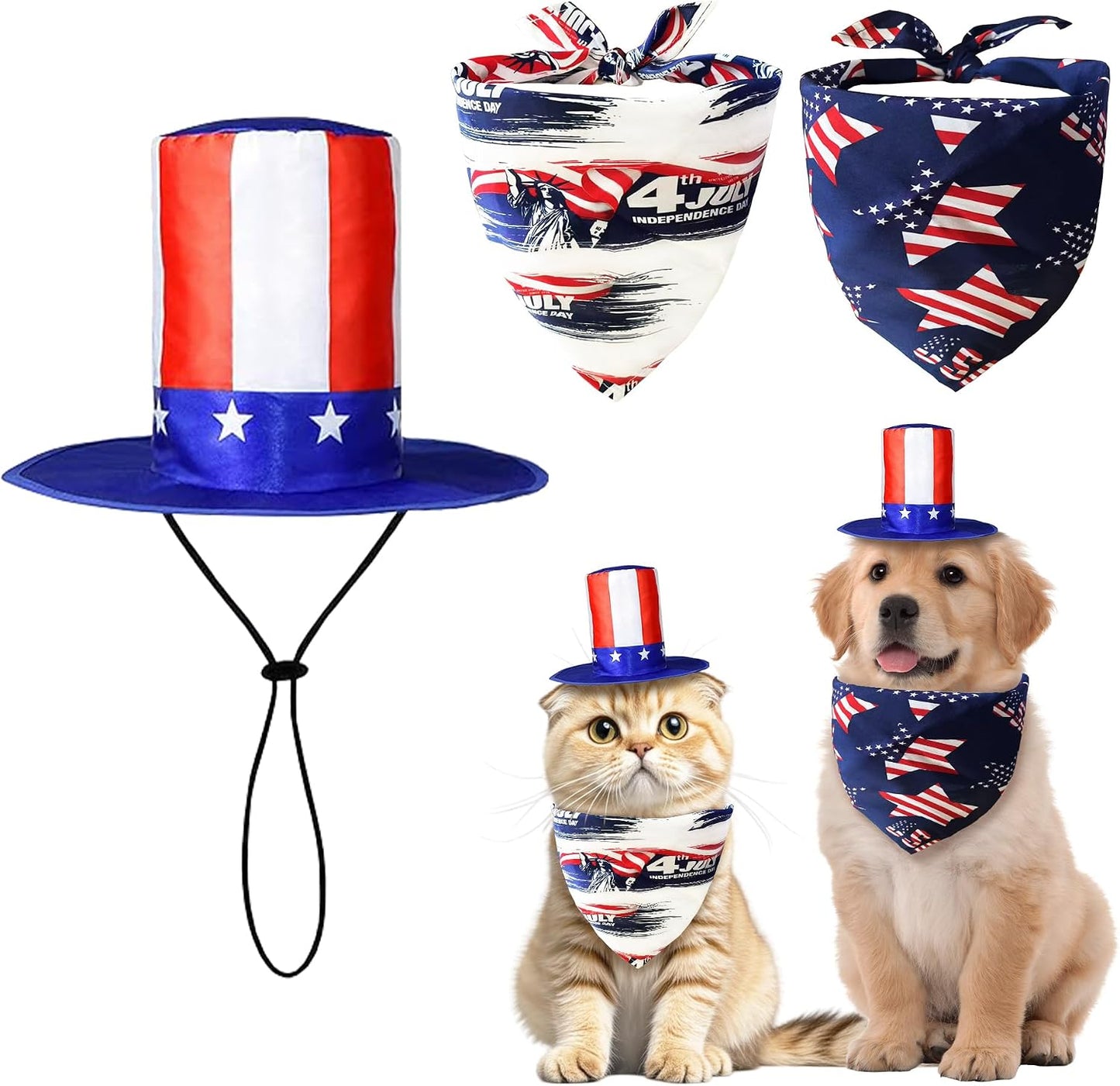 3 Bandanas Perro 4 de Julio Sombrero Tío Sam Traje Cachorro