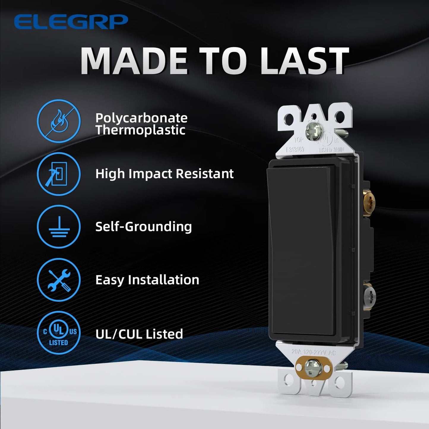 Interruptor luz 3 vías 15A 120-277V reemplazo pared negro