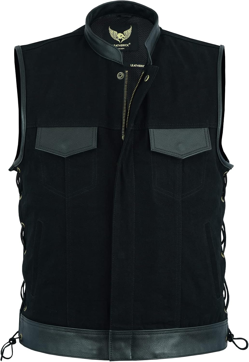 Chaleco mezclilla negro encaje lateral cuero motociclista