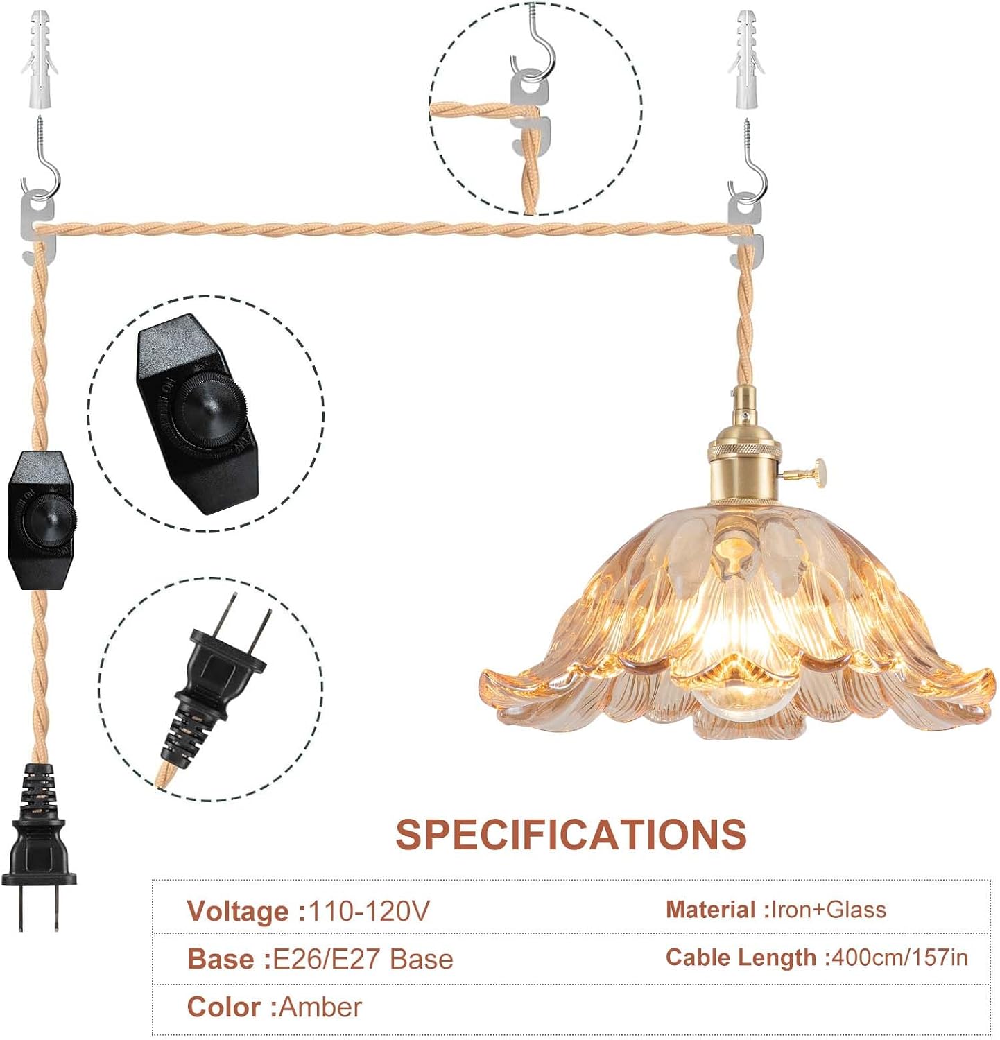 Lámpara colgante flor vidrio ámbar 11pulg E26 para cocina