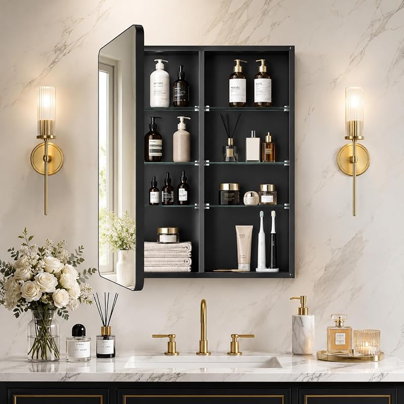 Botiquín baño negro 20x30" con espejo y estantes