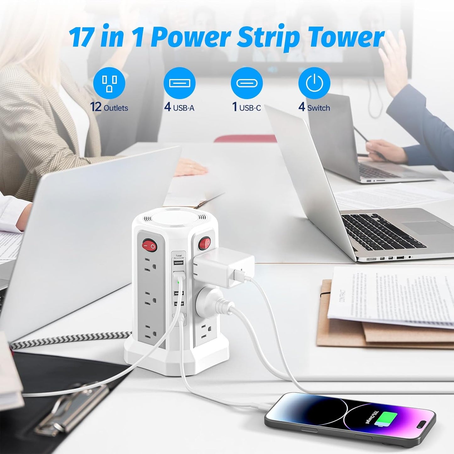 Regleta alimentación torre con 12 tomas 5 USB 6ft