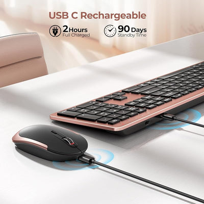 Set teclado y mouse inalámbricos silenciosos oro rosa
