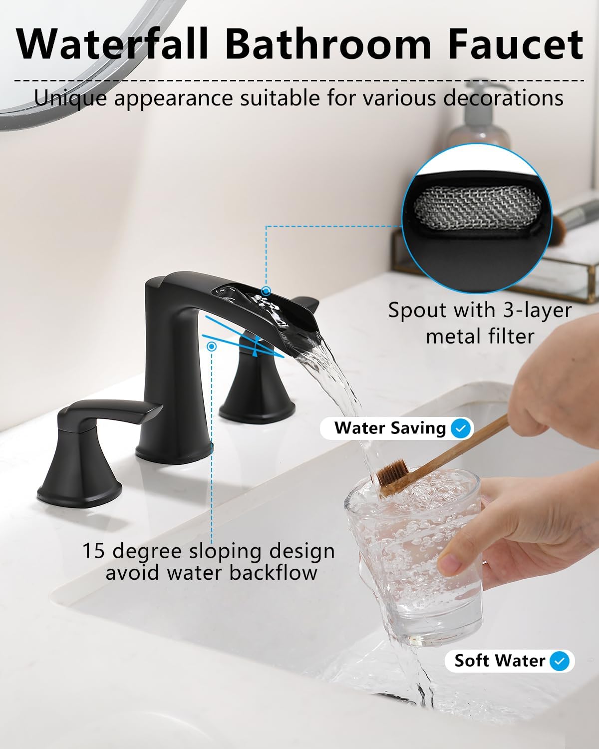 Grifo baño negro 3 agujeros 8pulg cascada con desagüe pop-up