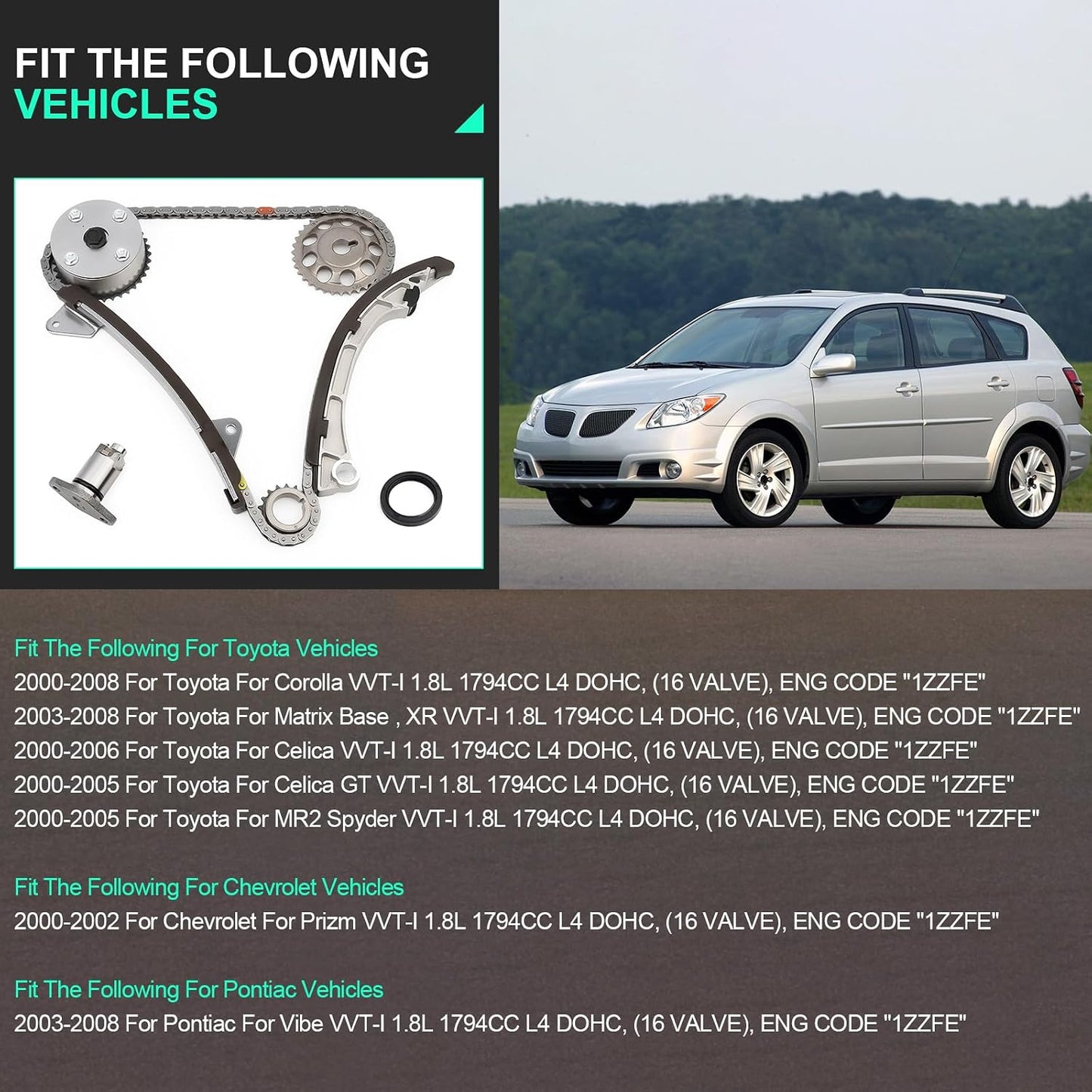 Kit cadena distribución Chevy Prizm 2000-02 Pontiac Vibe