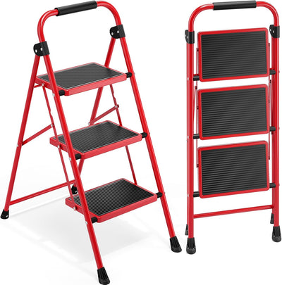 Escalera 3 peldaños antideslizante plegable color rojo