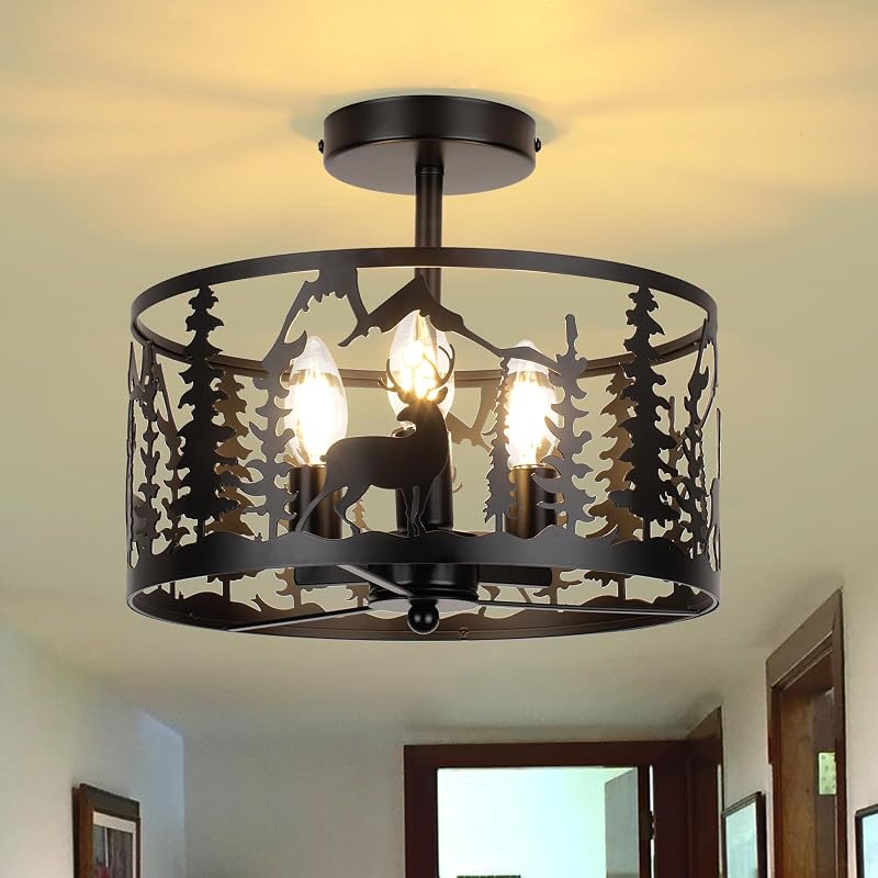 Lámpara techo 3 luces metal diseño ciervo negro rústico