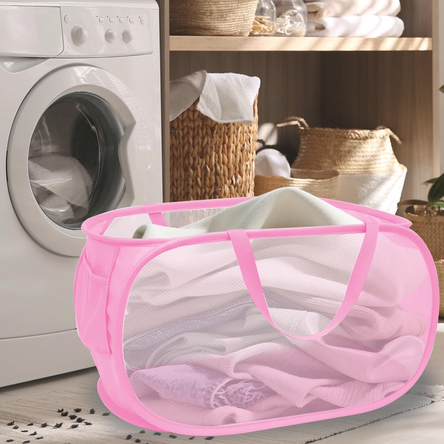 Cesta ropa plegable con asas y bolsillo malla resistente