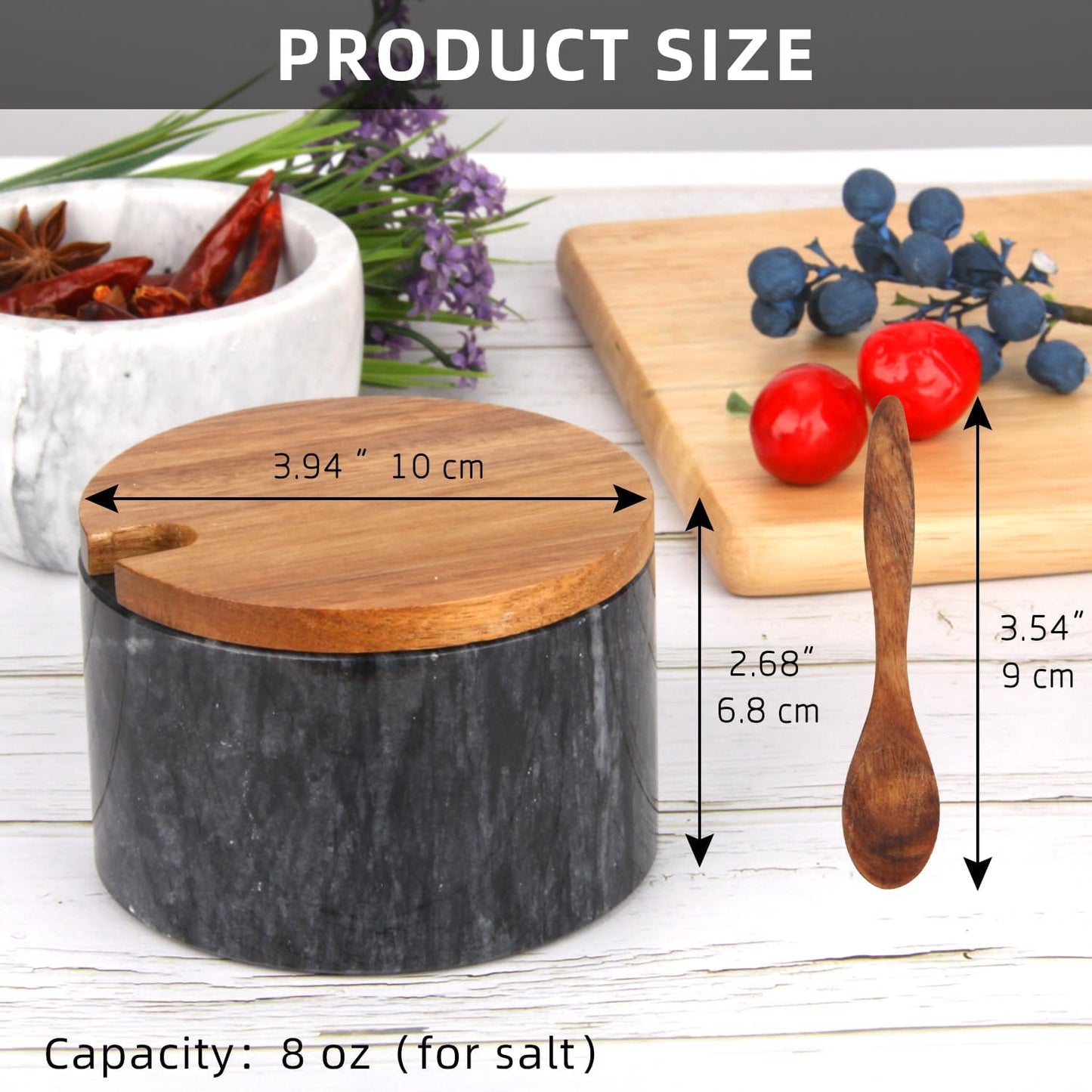 Caja sal mármol con tapa cuchara madera recipiente especias