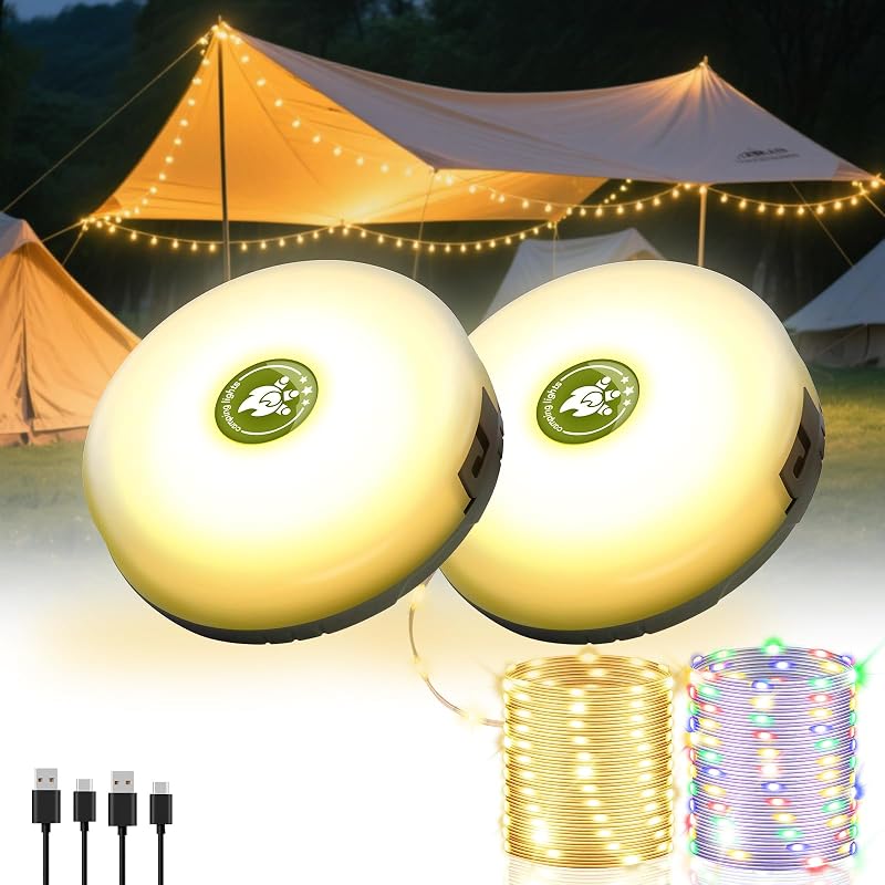 2 Luces Cadena Campamento 32.8ft 8 Modos Recargable