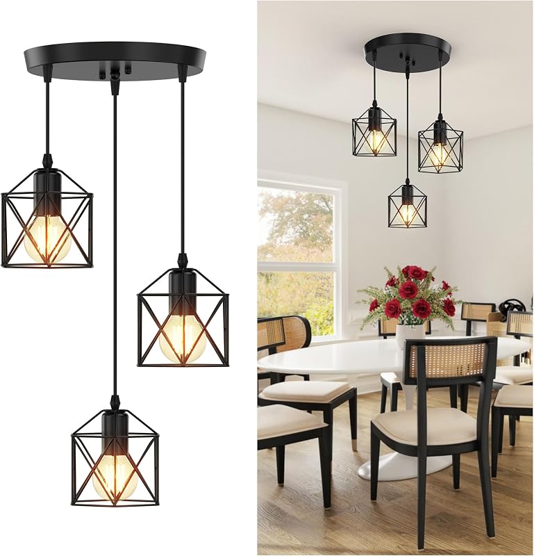 Lámpara colgante 3 luces industrial E26 negro mate