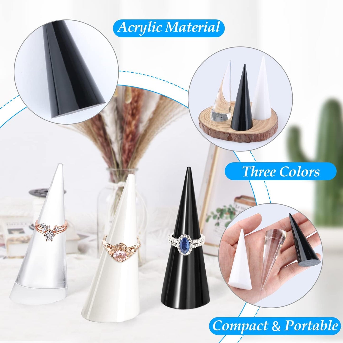 6 Pzas Soporte Anillo Acrílico Cono Joyas Negro Blanco