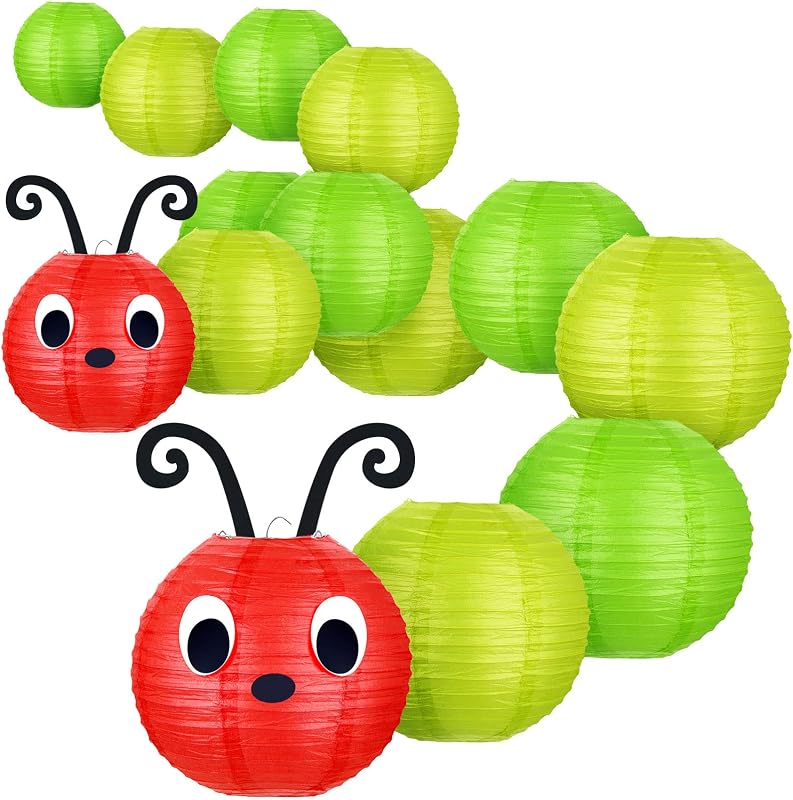 14 Linternas Papel Oruga Decoración Cumpleaños Escuela Rojo Verde