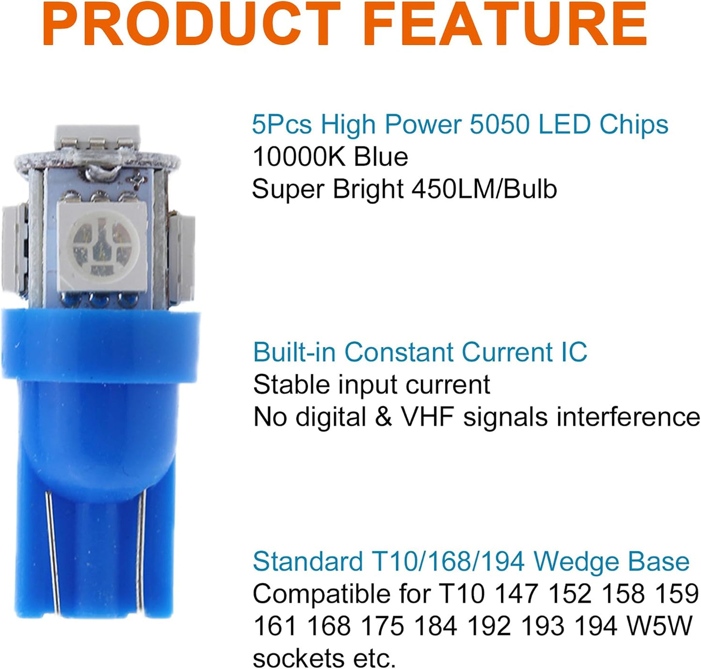 30 Bombillas LED T10 Azules 5SMD 5050 para W5W Luces Interior