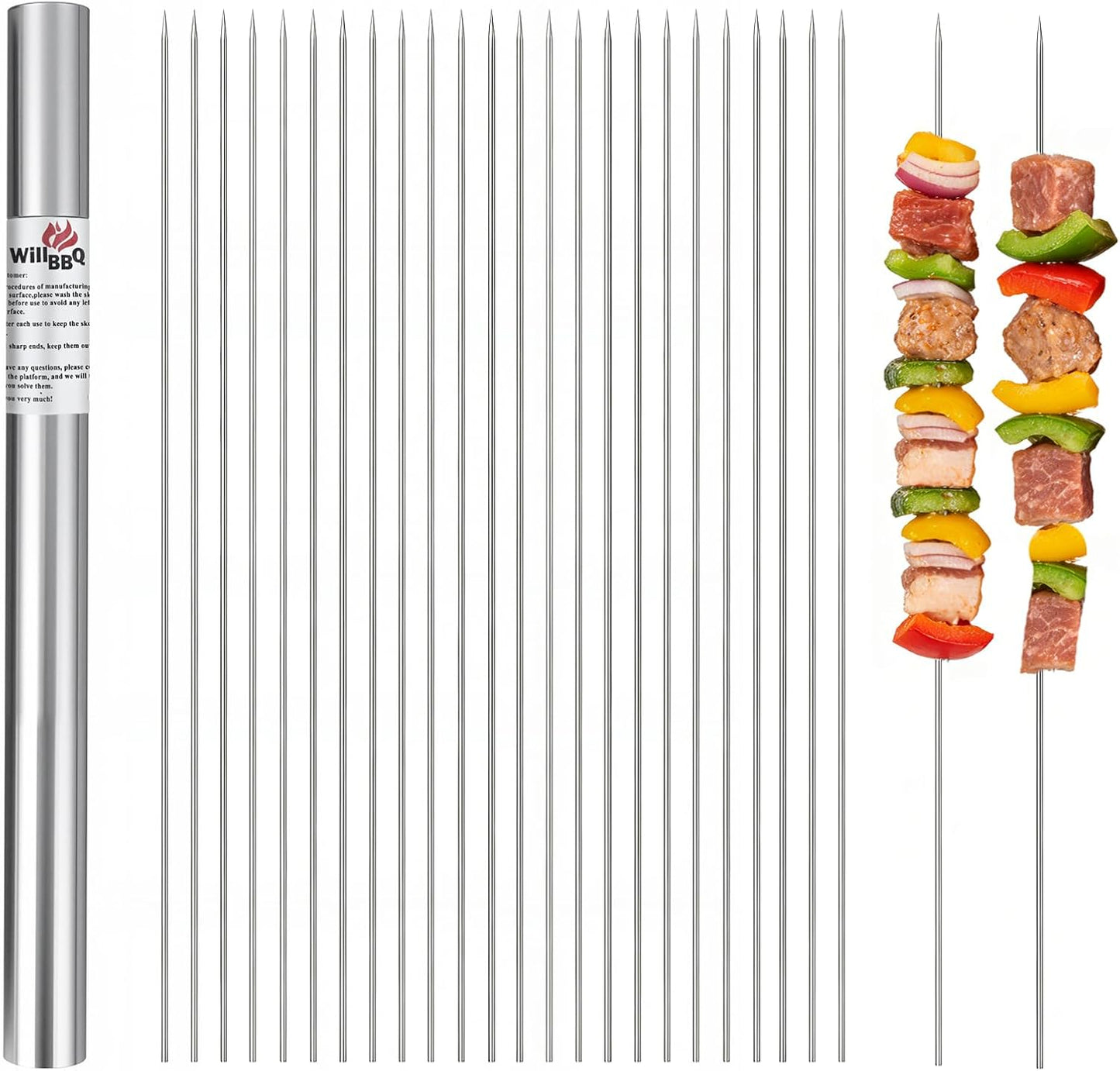 100 Pinchos Acero Inox 13pulg Con Tubo Almacenamiento Reutilizable