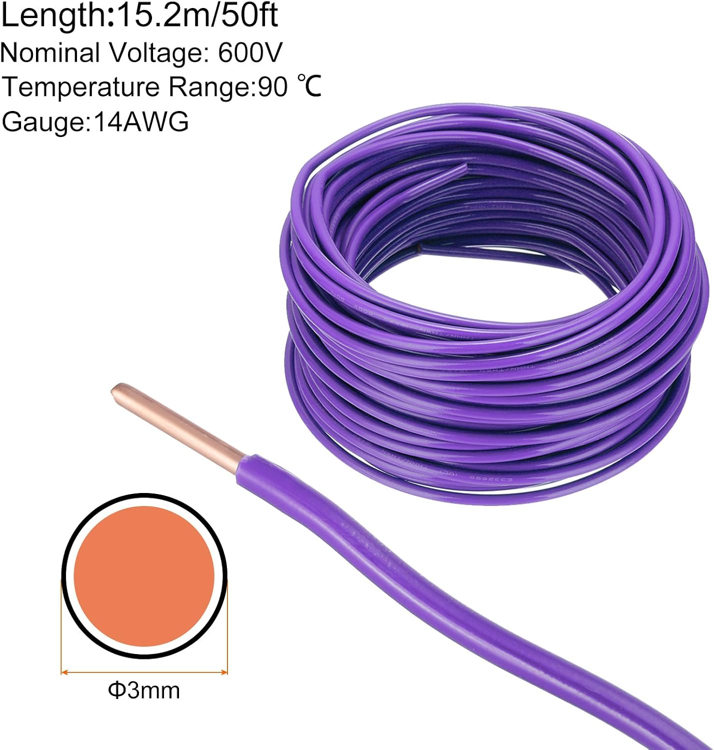 Cable THHN 14 AWG 50pies cobre sólido 600V UL morado