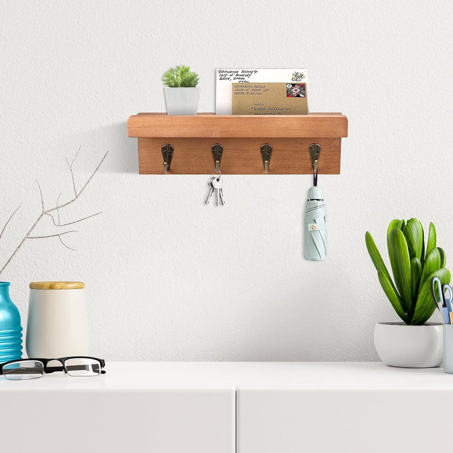 Soporte llaves pared estilo granja con 4 ganchos madera