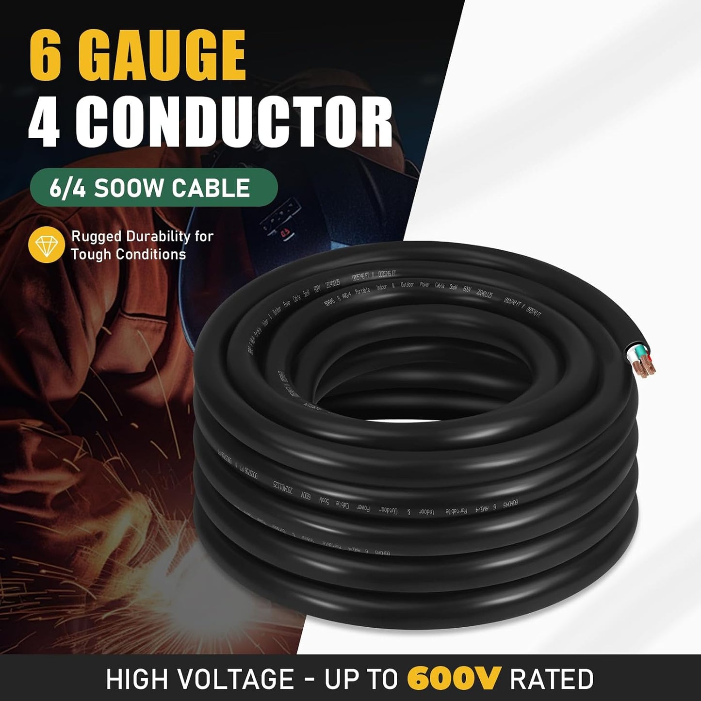 Cable SOOW 25ft 6 AWG 600V para soldador generador luces