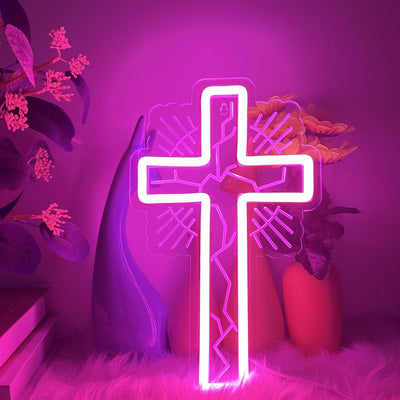 Letrero neón cruz rosa LED religioso para dormitorio USB