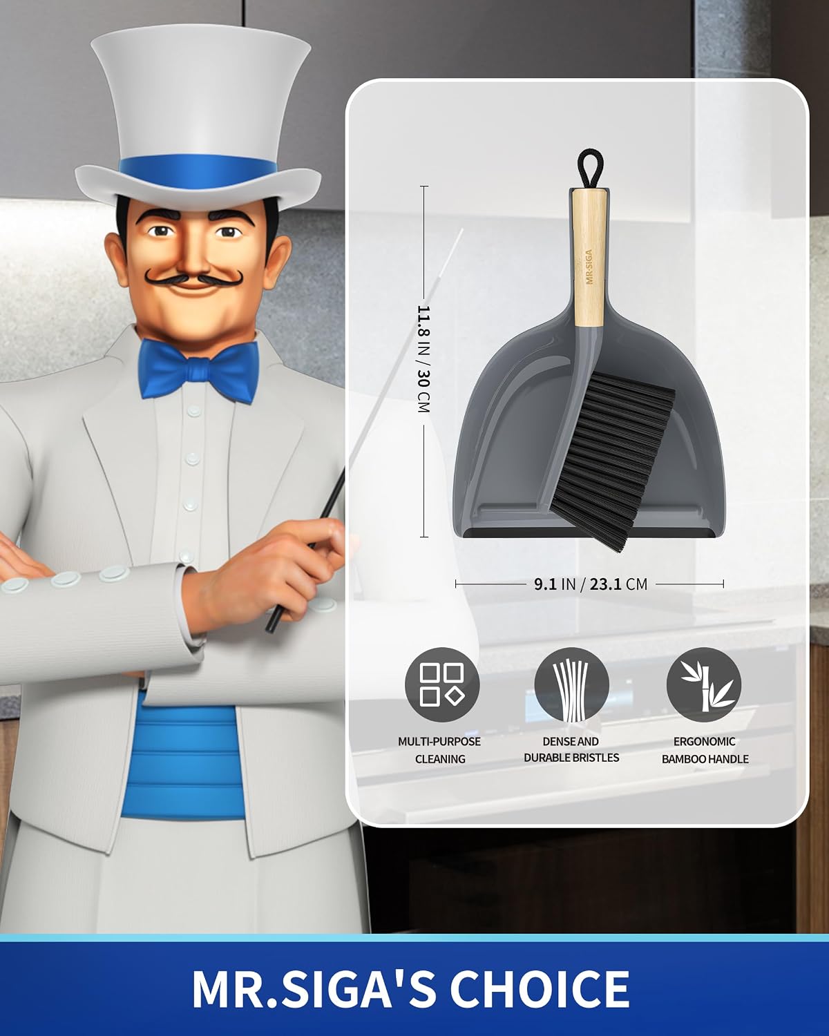 Juego recogedor y cepillo portátil mango bambú gris