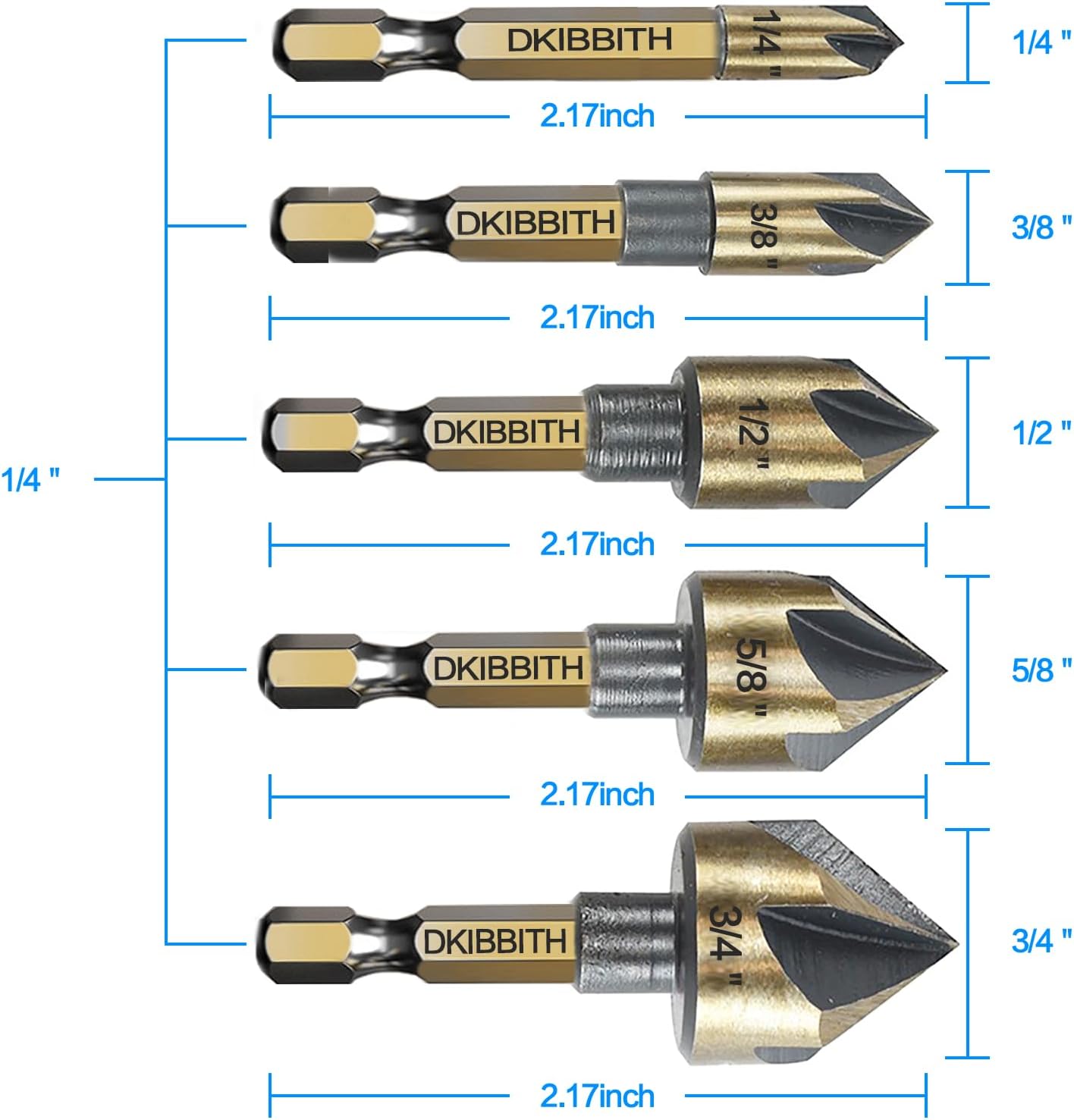 Juego 5 brocas avellanadas 1/4pulg 82grados metal madera