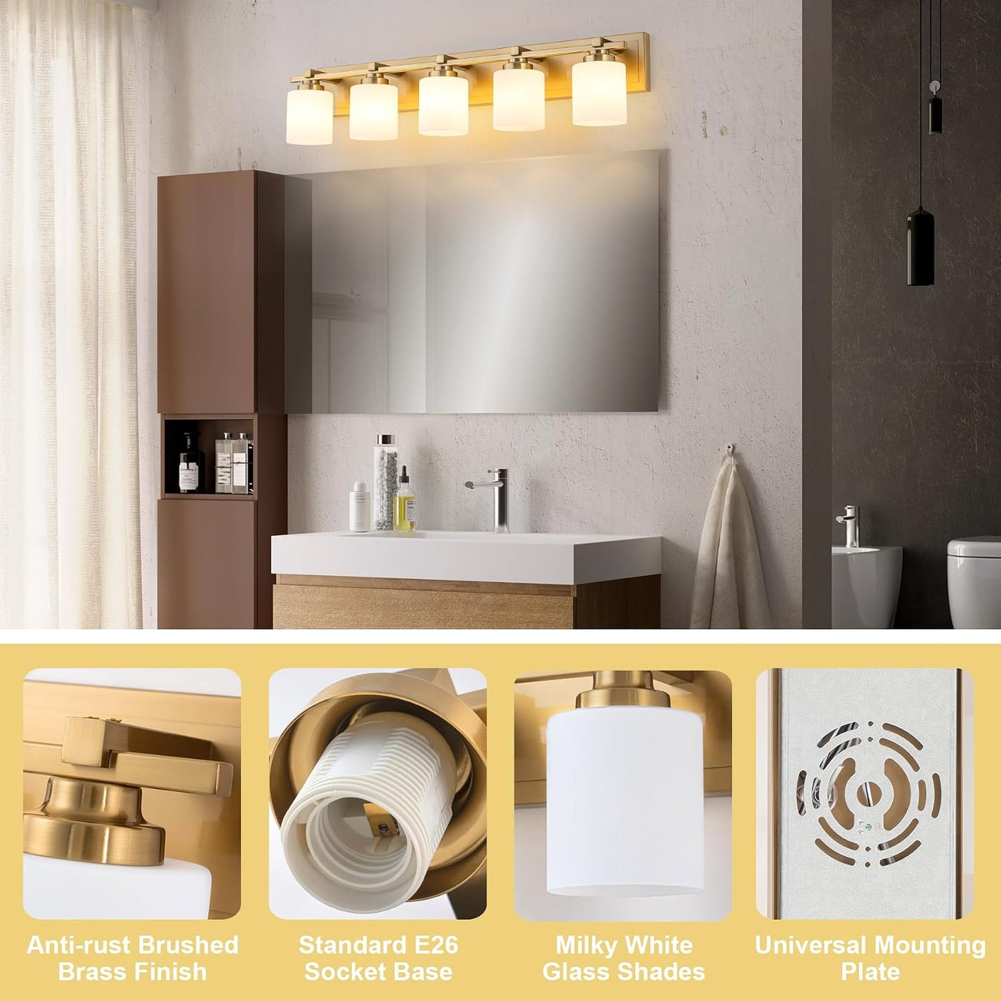 5 Lámparas baño modernas latón pantalla vidrio blanco