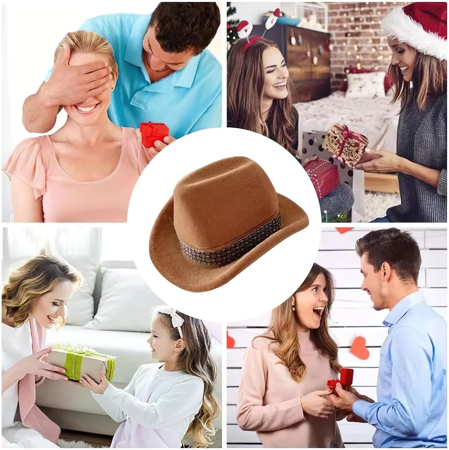 Caja terciopelo sombrero vaquero compromiso mujer marrón