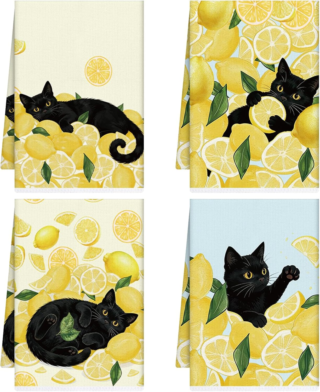 Set 4 Toallas Microfibra Limón Negro Gato Hogar Limpieza
