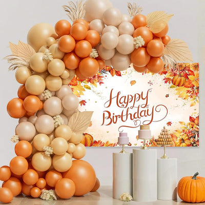 Decoración cumpleaños otoño telón calabaza arco globos naranjas