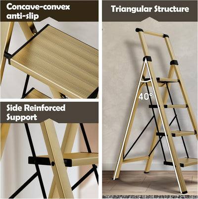 Escalera plegable aluminio 4 escalones antiderrap dorado
