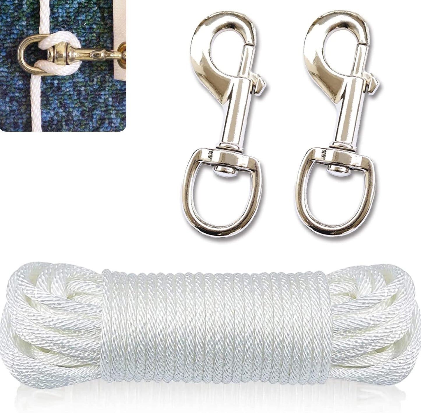 Cuerda halyard asta bandera 50ft con 2 clips 3.5" y ganchos