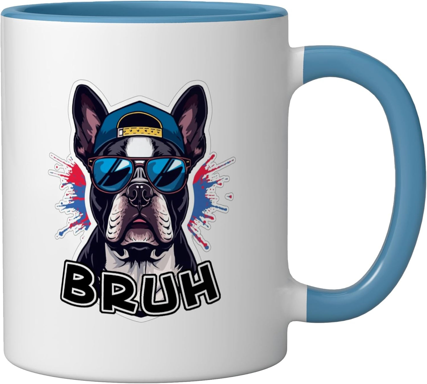 Taza Cerámica Bruh Sarcastica Perros Boston Terrier Azul Blanco