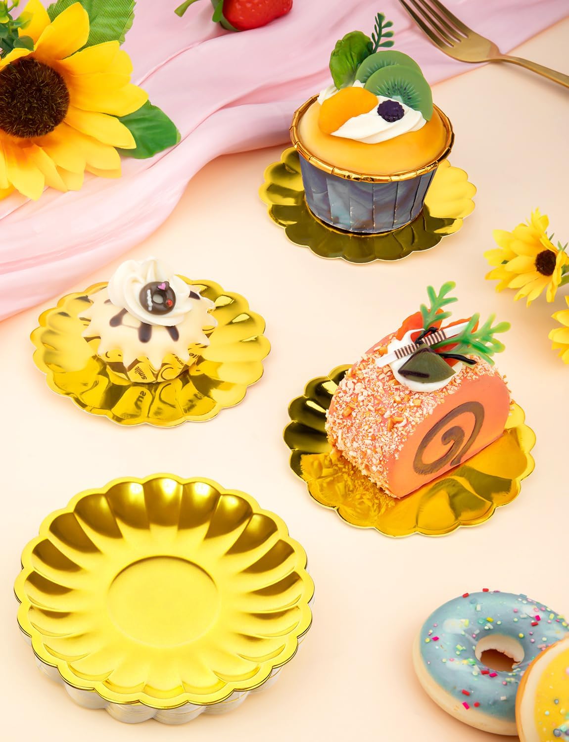 100 mini platos de postre para cupcakes 3.5 pulgadas dorados