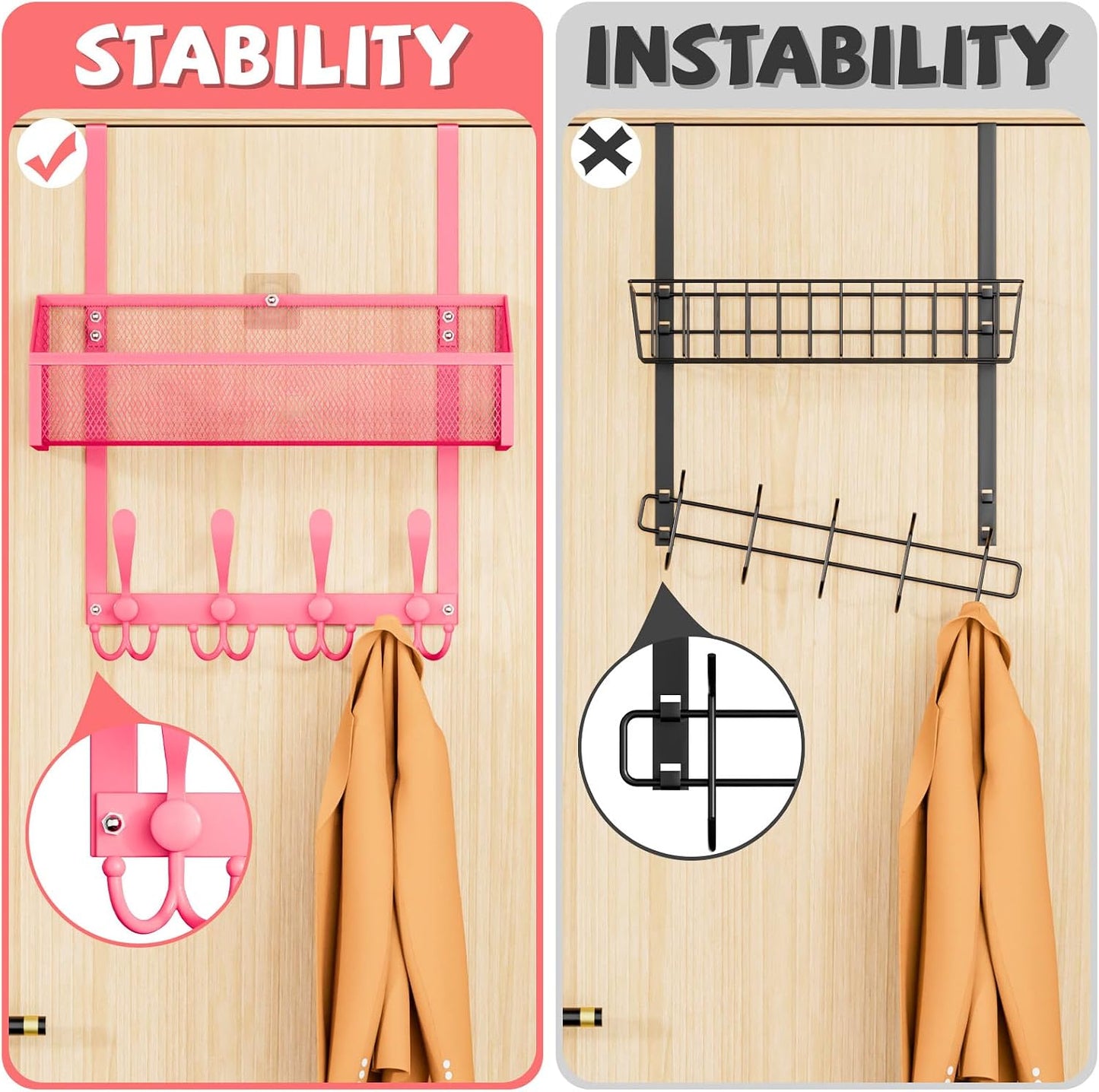Organiz. ganchos para puerta toallero 2 niveles rosa