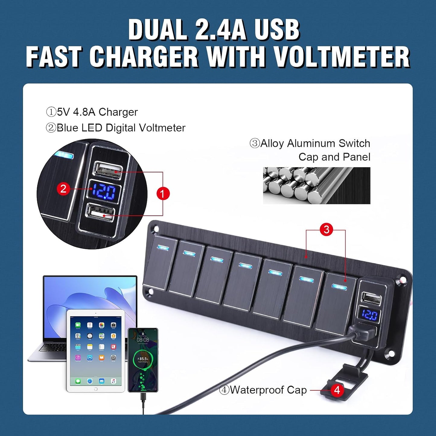 Panel interruptores marinos 12-24V aluminio USB dual 4.8A