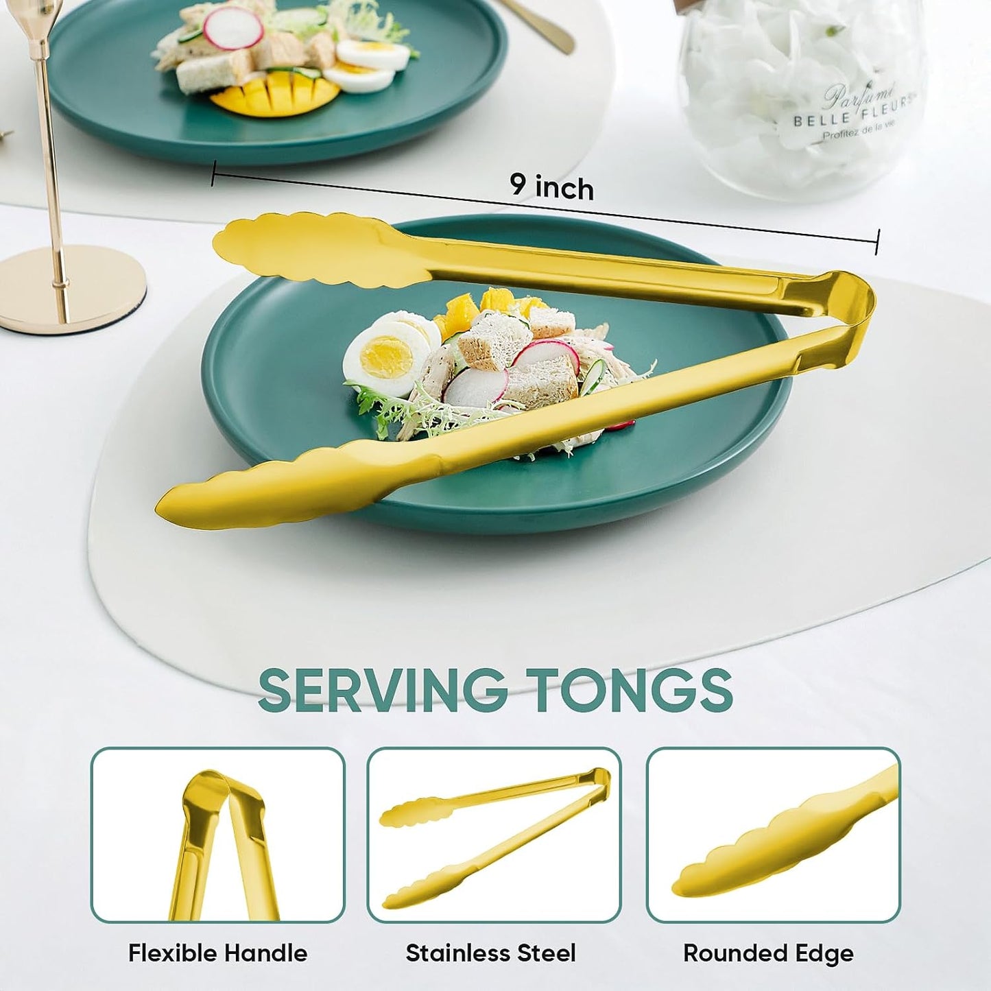 Pinzas acero inox 9pulg para cocina barbacoa pack 12 dorado