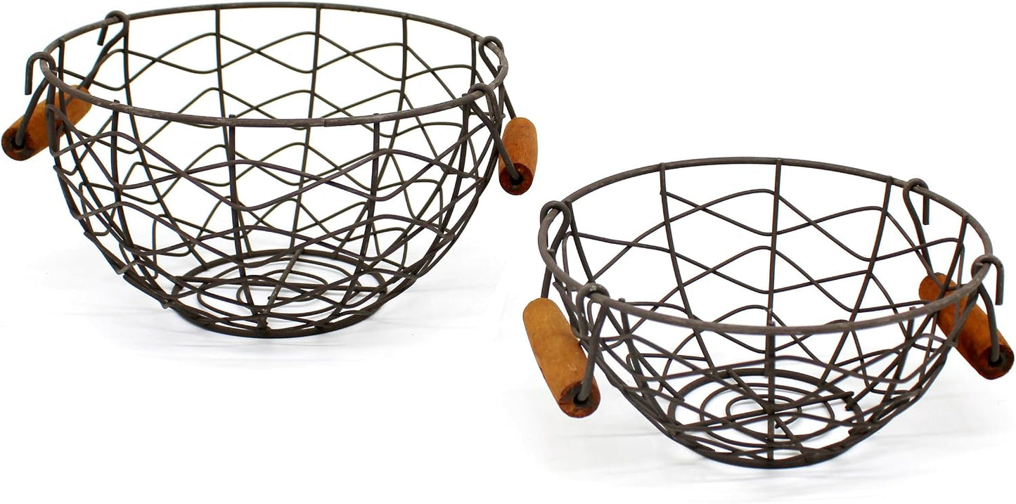 Cestas huevos alambre asas madera vintage set 2