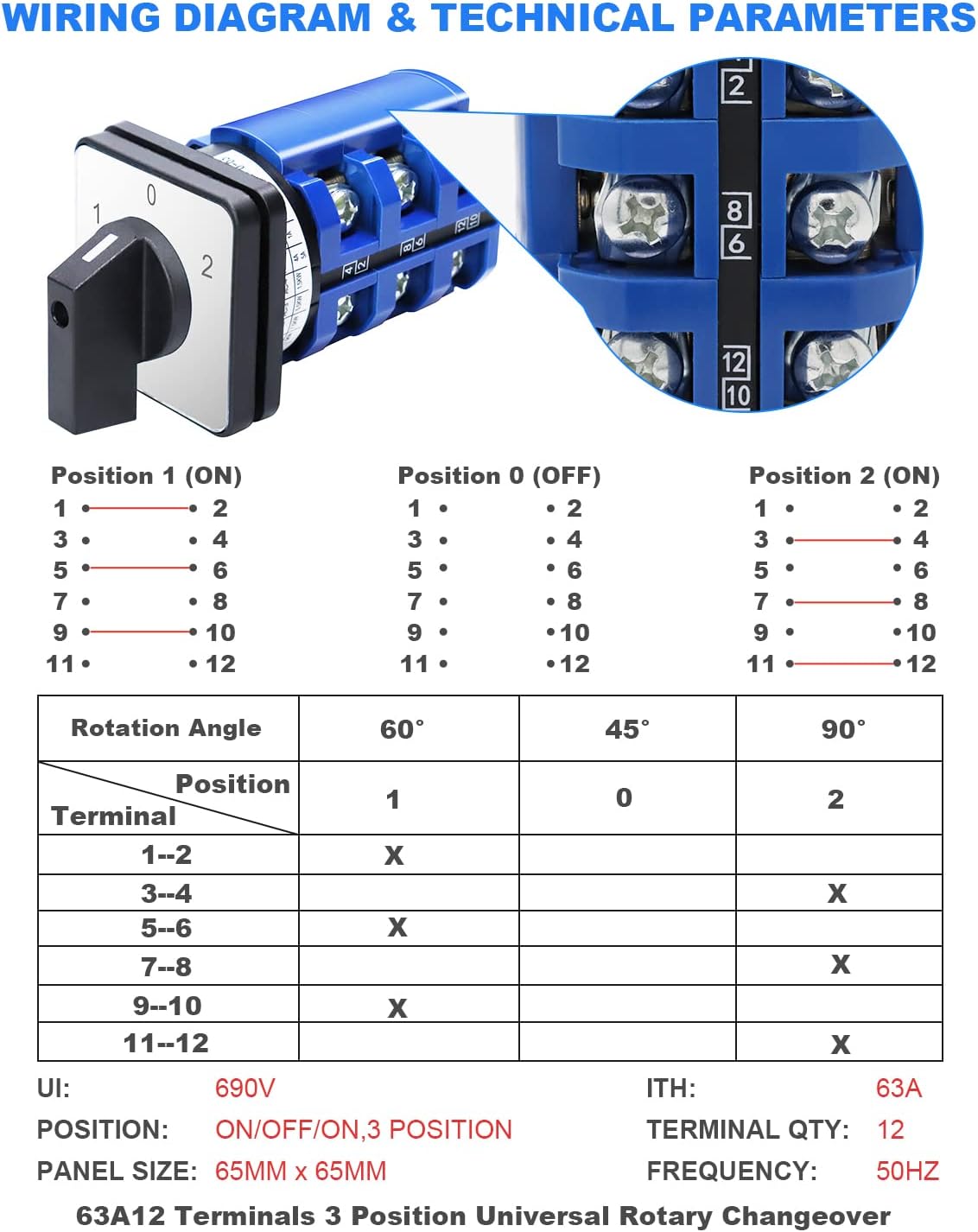 Interruptor transferencia AC 660V 3 posiciones 12 terminales