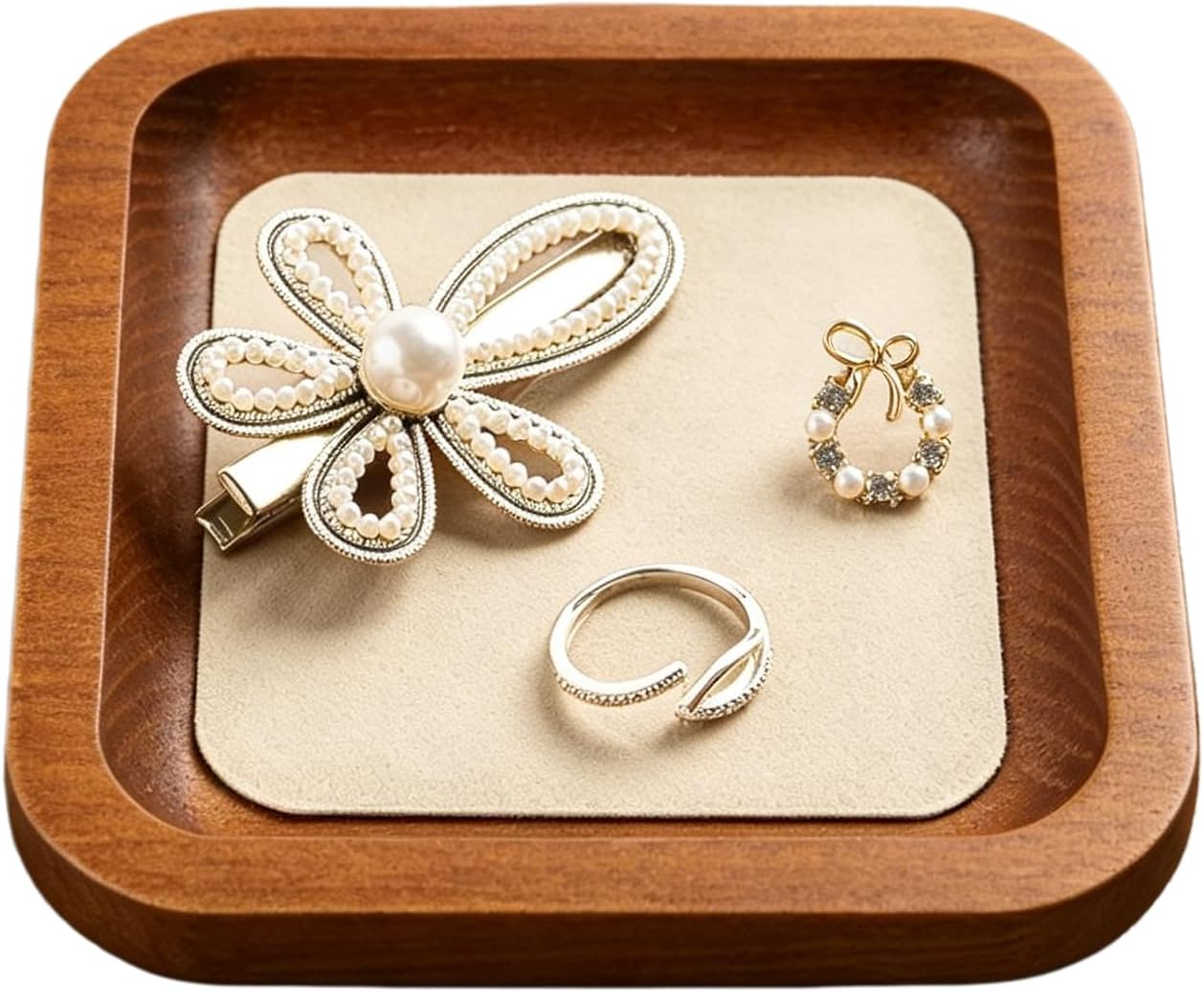 Bandeja madera redondeada para anillos y relojes apilable