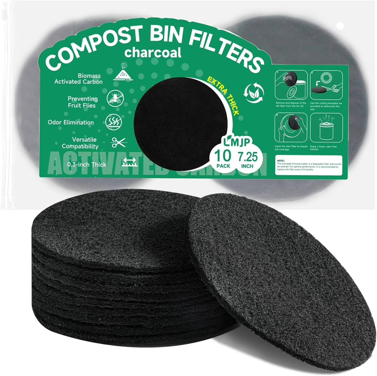 Filtros carbón 7.25pulg para compost 10uds extra gruesos