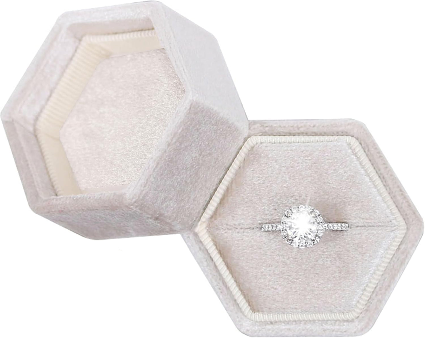 Caja anillo terciopelo beige ranura única boda compromiso