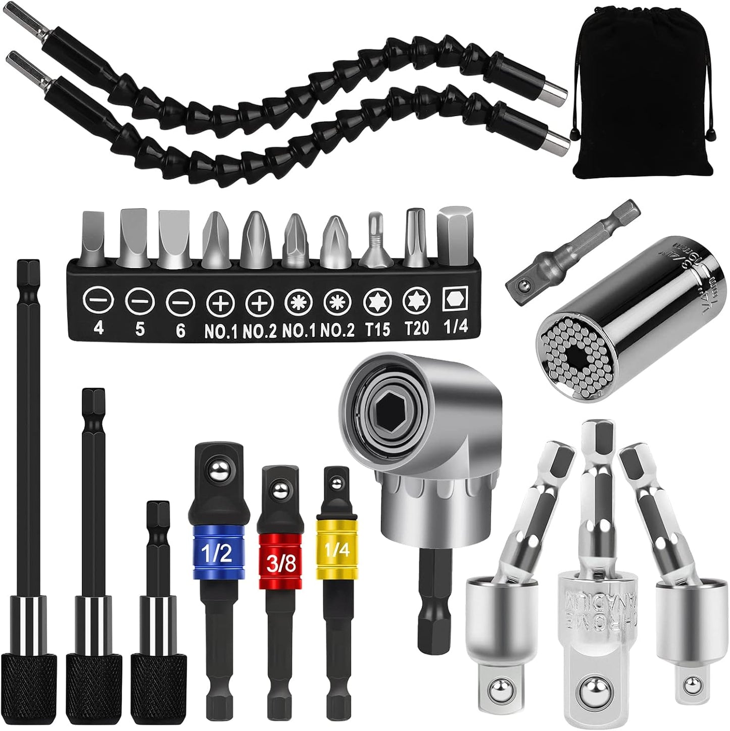 Set 24 Brocas Flexibles 105° Adaptador 1/4 3/8 1/2pulg Negro