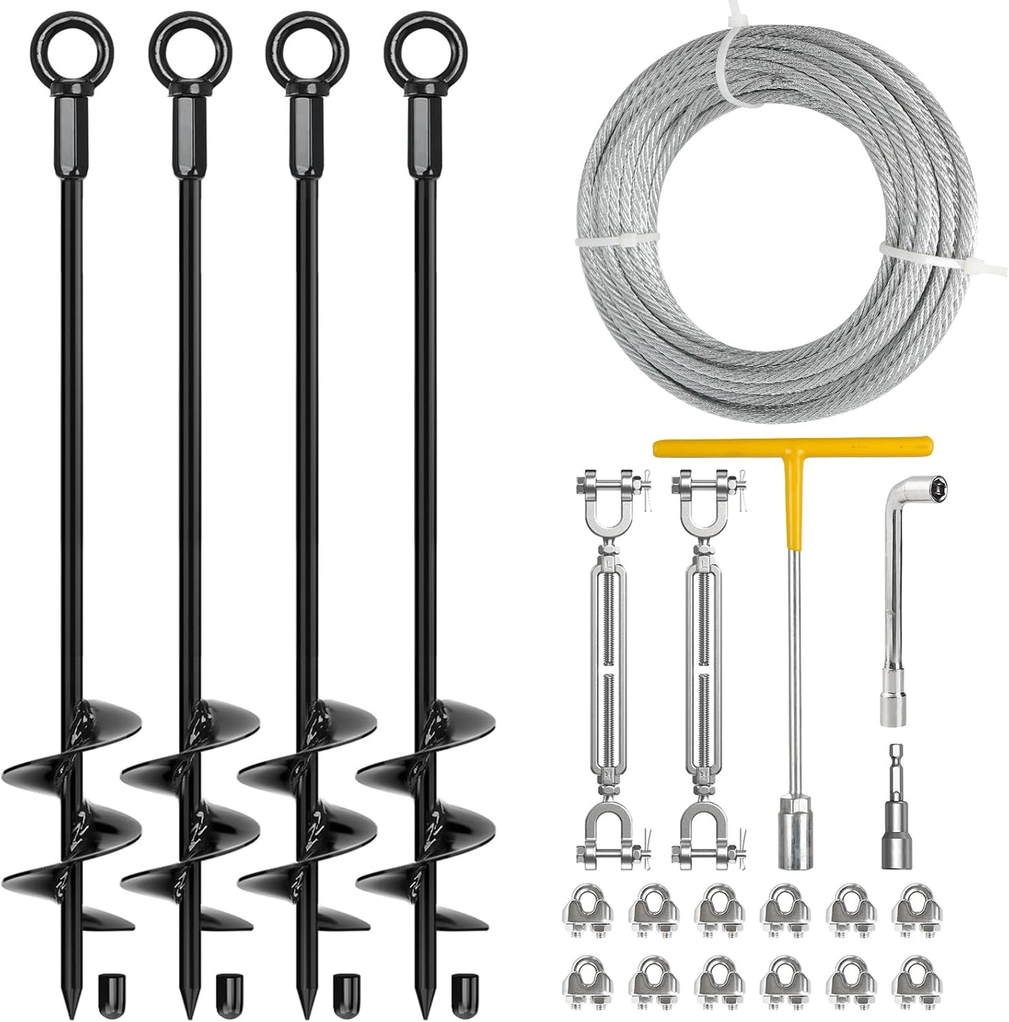 4 Anclajes Suelo 30pulg Cable Galv 3/16 Tensor Mandíbula 1/4